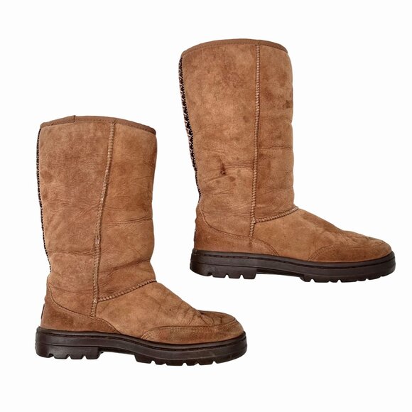 UGG ULTIMATE TALL BRAID CHESTNUT BROWN BOOTS SHEARLING LINED SUEDE - 7 - Picture 4 of 12